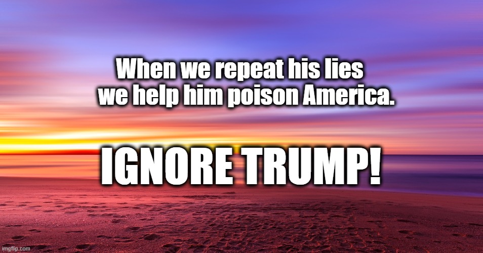 IGNORE TRUMP! | When we repeat his lies; we help him poison America. IGNORE TRUMP! | image tagged in election 2020,trump,ignore,lies,america | made w/ Imgflip meme maker
