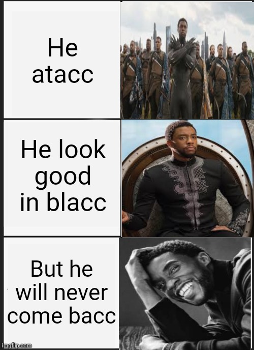 Rest in peace Chadwick | He atacc; He look good in blacc; But he will never come bacc | image tagged in memes,panik kalm panik | made w/ Imgflip meme maker