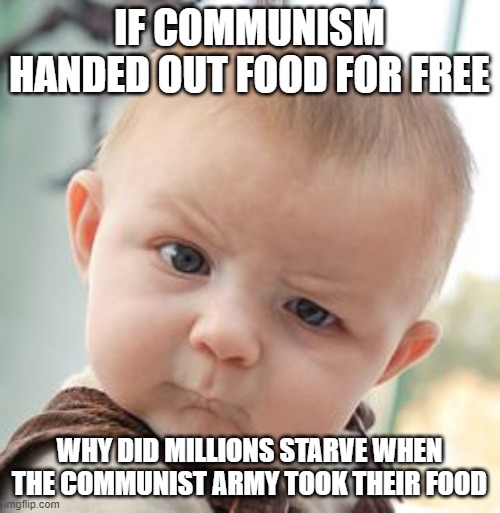 Skeptical Baby Meme | IF COMMUNISM HANDED OUT FOOD FOR FREE WHY DID MILLIONS STARVE WHEN THE COMMUNIST ARMY TOOK THEIR FOOD | image tagged in memes,skeptical baby | made w/ Imgflip meme maker