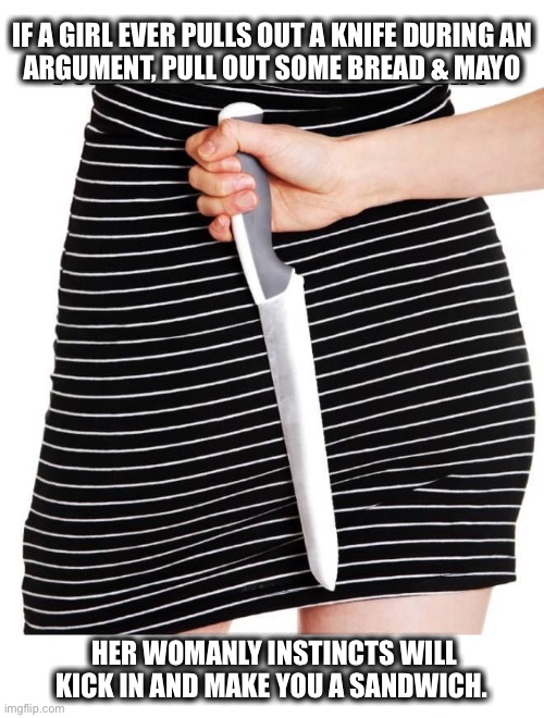 Works every time | IF A GIRL EVER PULLS OUT A KNIFE DURING AN
ARGUMENT, PULL OUT SOME BREAD & MAYO; HER WOMANLY INSTINCTS WILL KICK IN AND MAKE YOU A SANDWICH. | image tagged in knife behind back,woman,argument,sandwich,knife,memes | made w/ Imgflip meme maker