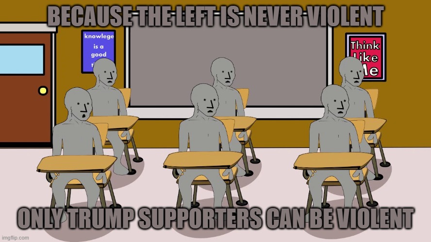 BECAUSE THE LEFT IS NEVER VIOLENT ONLY TRUMP SUPPORTERS CAN BE VIOLENT | image tagged in npc university | made w/ Imgflip meme maker