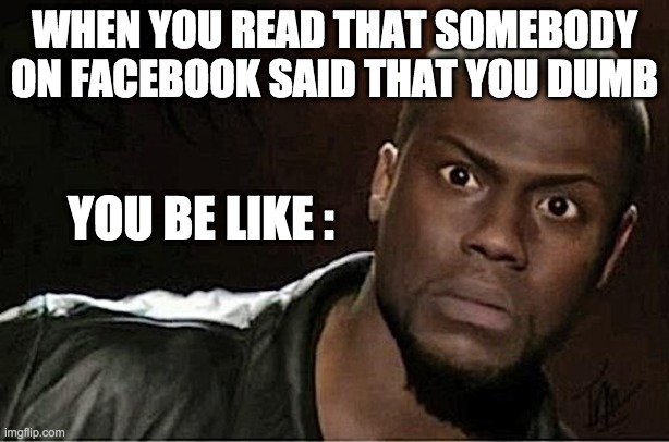 Kevin Hart | WHEN YOU READ THAT SOMEBODY ON FACEBOOK SAID THAT YOU DUMB; YOU BE LIKE : | image tagged in memes,kevin hart | made w/ Imgflip meme maker