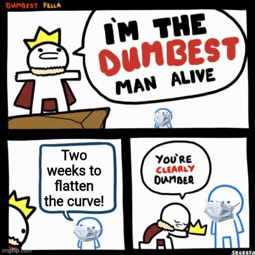 Two Weeks | Two weeks to flatten the curve! | image tagged in i'm the dumbest man alive | made w/ Imgflip meme maker
