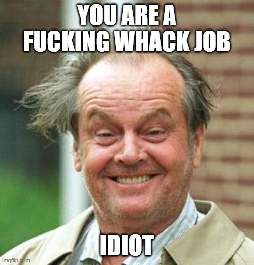 Jack Nicholson Crazy Hair | YOU ARE A FUCKING WHACK JOB IDIOT | image tagged in jack nicholson crazy hair | made w/ Imgflip meme maker