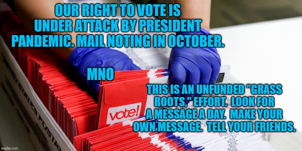 Save Our Right To Vote!  MNO! | OUR RIGHT TO VOTE IS UNDER ATTACK BY PRESIDENT PANDEMIC. MAIL NOTING IN OCTOBER. MNO; THIS IS AN UNFUNDED "GRASS ROOTS," EFFORT.  LOOK FOR A MESSAGE A DAY.  MAKE YOUR OWN MESSAGE.  TELL YOUR FRIENDS. | image tagged in politics | made w/ Imgflip meme maker