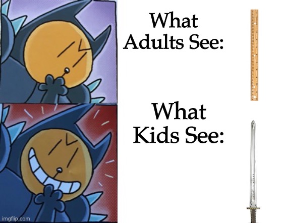 Evil Petey | What Adults See:; What Kids See: | image tagged in evil petey,sword,life,lol so funny | made w/ Imgflip meme maker