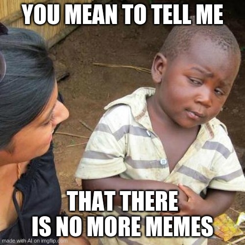 2020 just got even worse! | YOU MEAN TO TELL ME; THAT THERE IS NO MORE MEMES | image tagged in memes,third world skeptical kid | made w/ Imgflip meme maker