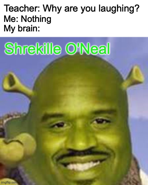 Shrekille O'Neal | Teacher: Why are you laughing? Me: Nothing
My brain:; Shrekille O'Neal | image tagged in shrekille o'neal | made w/ Imgflip meme maker