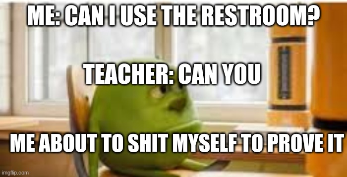 It is true tho | ME: CAN I USE THE RESTROOM? TEACHER: CAN YOU; ME ABOUT TO SHIT MYSELF TO PROVE IT | image tagged in memes | made w/ Imgflip meme maker