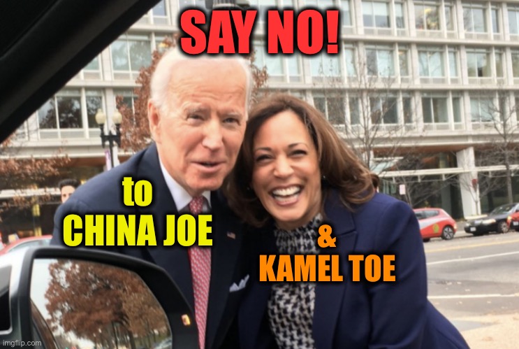 SAY NO to CHINA JOE & KAMEL TOE | SAY NO! to CHINA JOE; & KAMEL TOE | image tagged in joe biden,kamala harris,creepy joe biden,kamel toe,biden 2020 | made w/ Imgflip meme maker