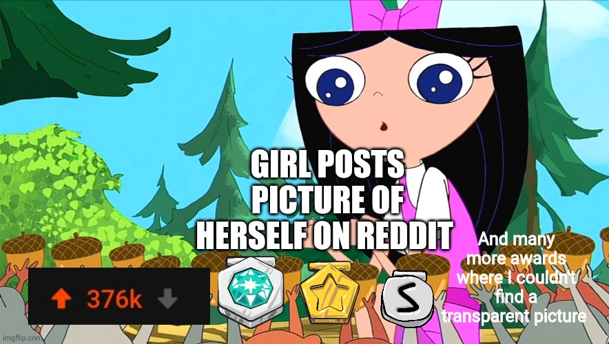 Squirrels SIMP | GIRL POSTS PICTURE OF HERSELF ON REDDIT; And many more awards where I couldn't find a transparent picture | image tagged in squirrels simp | made w/ Imgflip meme maker