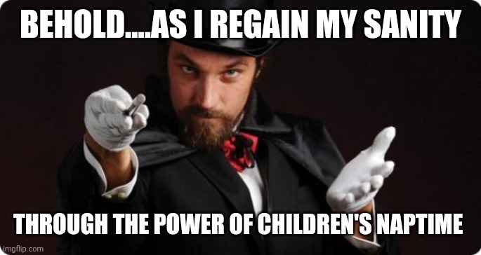 Assious whoopicus | BEHOLD....AS I REGAIN MY SANITY; THROUGH THE POWER OF CHILDREN'S NAPTIME | image tagged in household magician | made w/ Imgflip meme maker