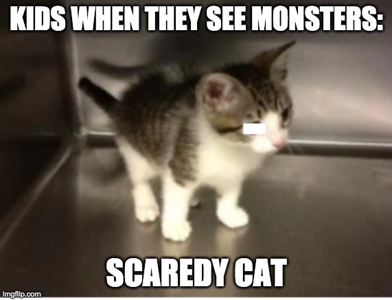 Scaredy cat | KIDS WHEN THEY SEE MONSTERS:; SCAREDY CAT | image tagged in scaredy cat | made w/ Imgflip meme maker