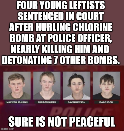 FOUR YOUNG LEFTISTS SENTENCED IN COURT AFTER HURLING CHLORINE BOMB AT POLICE OFFICER, NEARLY KILLING HIM AND 
DETONATING 7 OTHER BOMBS. SURE | made w/ Imgflip meme maker