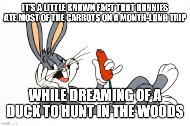 bugs bunny | IT'S A LITTLE KNOWN FACT THAT BUNNIES ATE MOST OF THE CARROTS ON A MONTH-LONG TRIP; WHILE DREAMING OF A DUCK TO HUNT IN THE WOODS | image tagged in bugs bunny | made w/ Imgflip meme maker