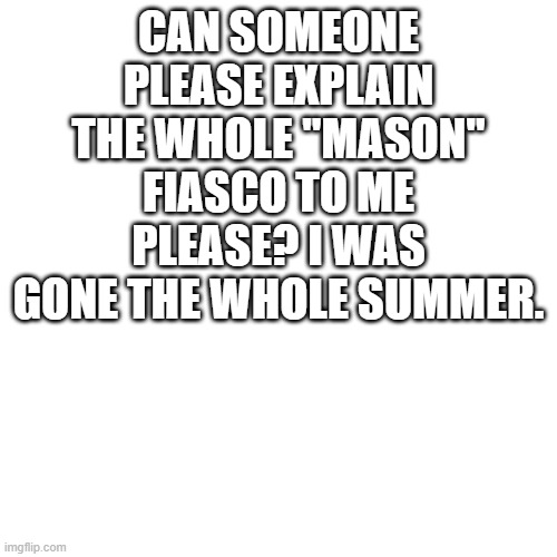 this is all over the website | CAN SOMEONE PLEASE EXPLAIN THE WHOLE "MASON" FIASCO TO ME PLEASE? I WAS GONE THE WHOLE SUMMER. | image tagged in blank | made w/ Imgflip meme maker