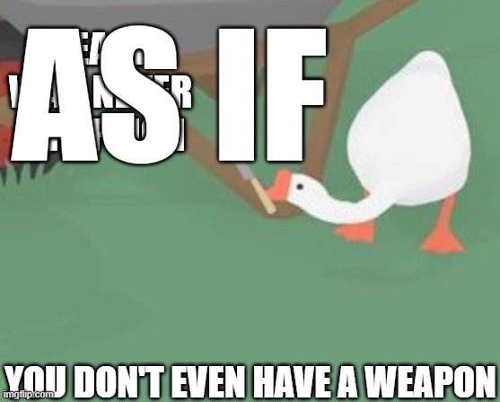 peace was never an option but it's the other goose | AS IF YOU DON'T EVEN HAVE A WEAPON | image tagged in peace was never an option but it's the other goose | made w/ Imgflip meme maker