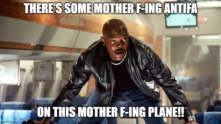 "Antifa on a Plane" | THERE'S SOME MOTHER F-ING ANTIFA; ON THIS MOTHER F-ING PLANE!! | image tagged in trump,antifa,conspiracy,samuel l jackson,snakes on a plane | made w/ Imgflip meme maker