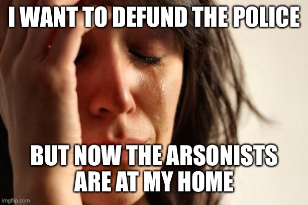 First World Problems Meme | I WANT TO DEFUND THE POLICE BUT NOW THE ARSONISTS
ARE AT MY HOME | image tagged in memes,first world problems | made w/ Imgflip meme maker
