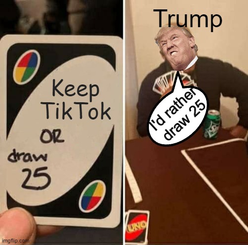 me too, trump | Trump; Keep TikTok; I'd rather draw 25 | image tagged in memes,uno draw 25 cards,tiktok,funny,stop reading the tags,pie charts | made w/ Imgflip meme maker