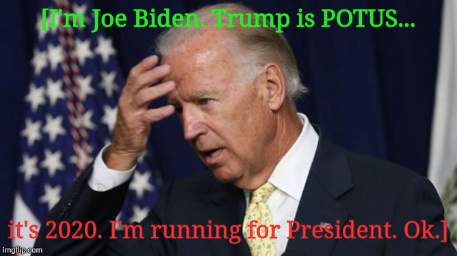Um, where who what | [I'm Joe Biden. Trump is POTUS... it's 2020. I'm running for President. Ok.] | image tagged in joe biden worries | made w/ Imgflip meme maker