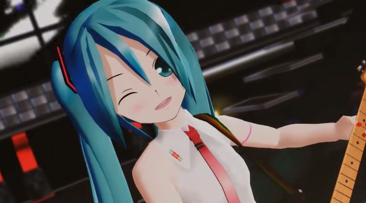 Miku playing guitar and winking Blank Meme Template