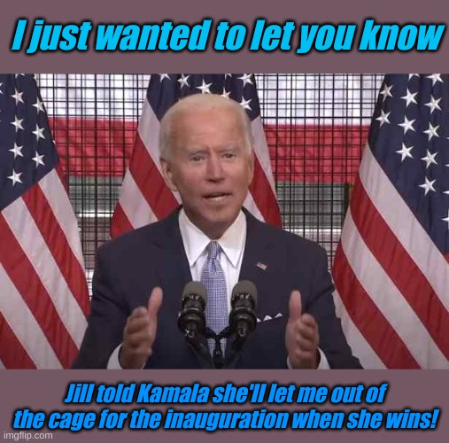Biden Cage Fight | I just wanted to let you know; Jill told Kamala she'll let me out of the cage for the inauguration when she wins! | image tagged in biden cage fight | made w/ Imgflip meme maker