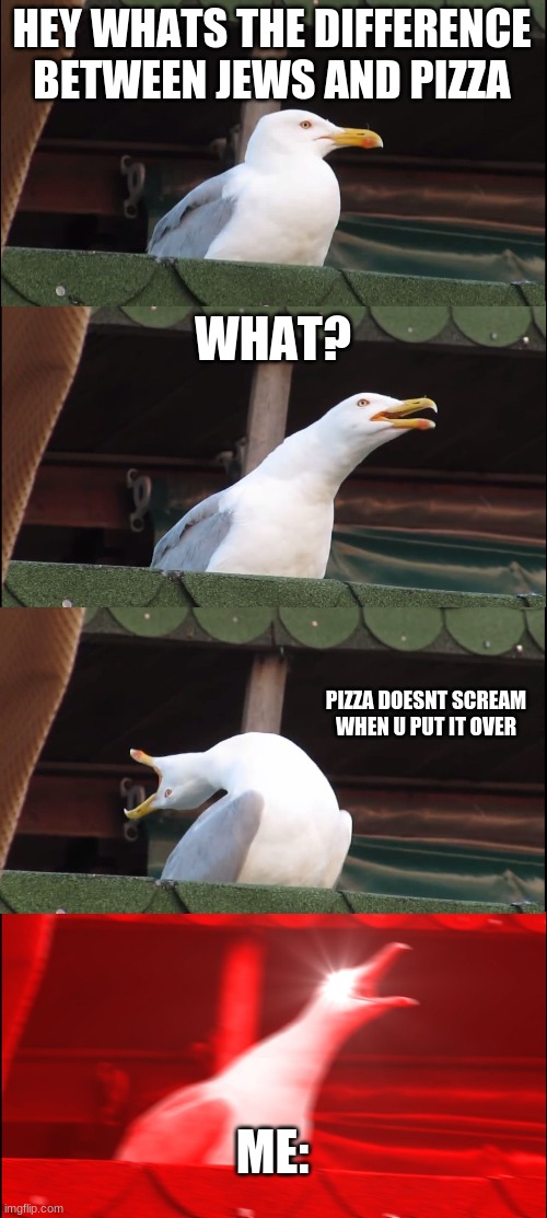 Inhaling Seagull | HEY WHATS THE DIFFERENCE BETWEEN JEWS AND PIZZA; WHAT? PIZZA DOESNT SCREAM WHEN U PUT IT OVER; ME: | image tagged in memes,inhaling seagull | made w/ Imgflip meme maker