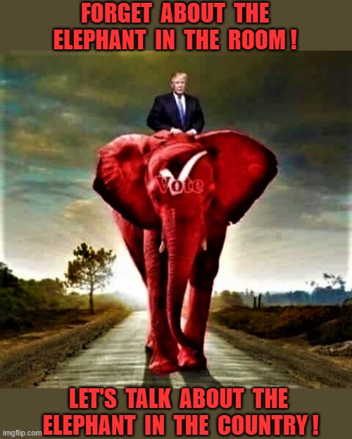 Trump vote red elephant | FORGET  ABOUT  THE ELEPHANT  IN  THE  ROOM ! LET'S  TALK  ABOUT  THE  ELEPHANT  IN  THE  COUNTRY ! | image tagged in political meme,donald trump,vote red,elephant in the room,elephant,elections | made w/ Imgflip meme maker