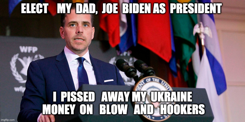 Hunter pleads | ELECT    MY  DAD,  JOE  BIDEN AS  PRESIDENT; I  PISSED   AWAY MY  UKRAINE  MONEY  ON   BLOW   AND   HOOKERS | image tagged in hookers,bender blackjack and hookers,biden,memes,funny,laughing men in suits | made w/ Imgflip meme maker