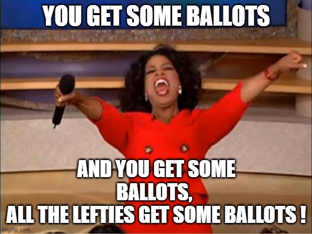 Oprah You Get A Meme | YOU GET SOME BALLOTS AND YOU GET SOME BALLOTS, 
ALL THE LEFTIES GET SOME BALLOTS ! | image tagged in memes,oprah you get a | made w/ Imgflip meme maker