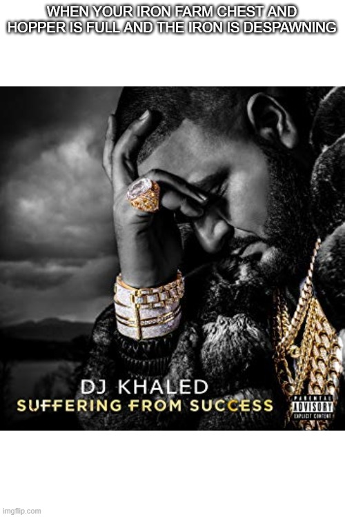 dj khaled suffering from success meme | WHEN YOUR IRON FARM CHEST AND HOPPER IS FULL AND THE IRON IS DESPAWNING | image tagged in dj khaled suffering from success meme | made w/ Imgflip meme maker