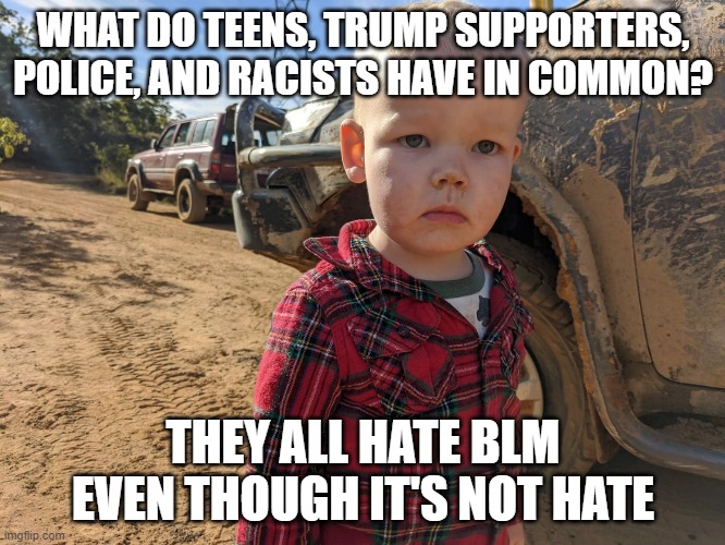 BLACK LIVES MATTER, CHANGE MY MIND | WHAT DO TEENS, TRUMP SUPPORTERS, POLICE, AND RACISTS HAVE IN COMMON? THEY ALL HATE BLM EVEN THOUGH IT'S NOT HATE | image tagged in racist,teens,blm,black lives matter,police,trump | made w/ Imgflip meme maker