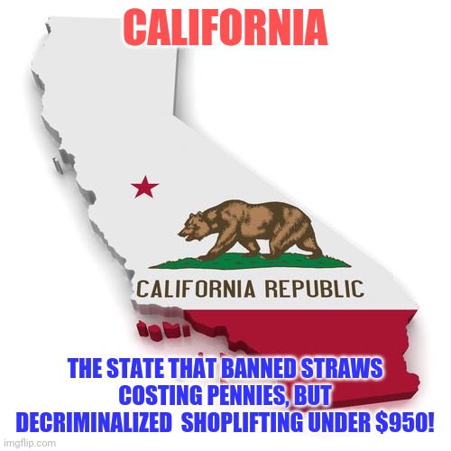 Citizens of California......FYI being wealthy and smarter than a potato is better than just being wealthy. I know crazy right? | CALIFORNIA; THE STATE THAT BANNED STRAWS COSTING PENNIES, BUT DECRIMINALIZED  SHOPLIFTING UNDER $950! | image tagged in california,stupid | made w/ Imgflip meme maker