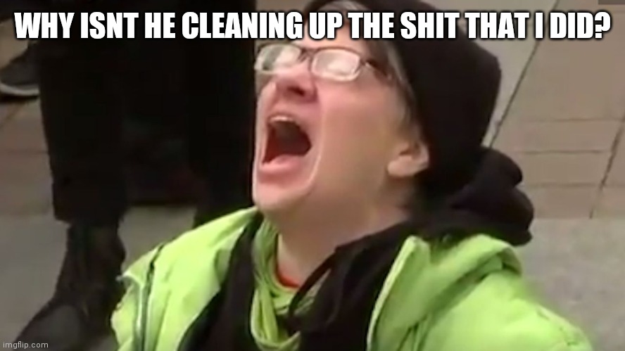 Screaming Liberal  | WHY ISNT HE CLEANING UP THE SHIT THAT I DID? | image tagged in screaming liberal | made w/ Imgflip meme maker