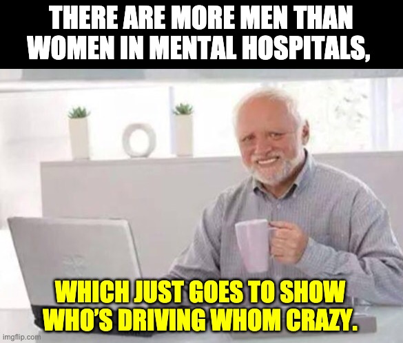 Harold | THERE ARE MORE MEN THAN WOMEN IN MENTAL HOSPITALS, WHICH JUST GOES TO SHOW WHO’S DRIVING WHOM CRAZY. | image tagged in harold | made w/ Imgflip meme maker