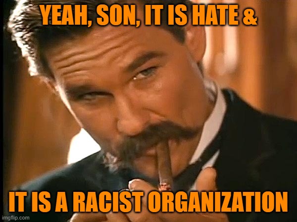 Wyatt earp look | YEAH, SON, IT IS HATE & IT IS A RACIST ORGANIZATION | image tagged in wyatt earp look | made w/ Imgflip meme maker