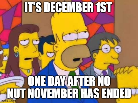 No nut november | IT'S DECEMBER 1ST; ONE DAY AFTER NO NUT NOVEMBER HAS ENDED | image tagged in homer simpson | made w/ Imgflip meme maker
