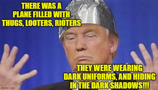 Thugs in the Dark Shadows | THERE WAS A PLANE FILLED WITH THUGS, LOOTERS, RIOTERS; THEY WERE WEARING DARK UNIFORMS, AND HIDING IN THE DARK SHADOWS!!! | image tagged in conspiracy theory,donald trump approves,donald trump is an idiot,president trump,trump supporters | made w/ Imgflip meme maker
