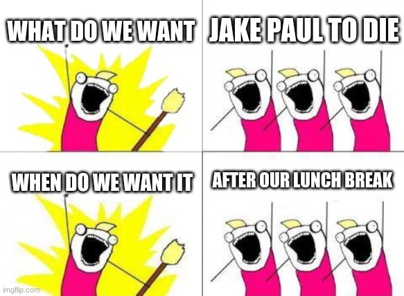Mr dude bro mister | WHAT DO WE WANT; JAKE PAUL TO DIE; AFTER OUR LUNCH BREAK; WHEN DO WE WANT IT | image tagged in memes,what do we want | made w/ Imgflip meme maker