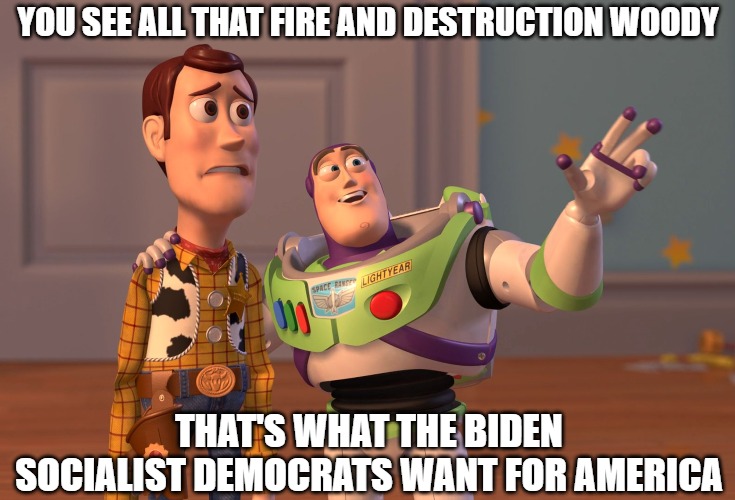 See for yourself | YOU SEE ALL THAT FIRE AND DESTRUCTION WOODY; THAT'S WHAT THE BIDEN
SOCIALIST DEMOCRATS WANT FOR AMERICA | image tagged in memes,funny,riots,2020,politics,hidin biden | made w/ Imgflip meme maker