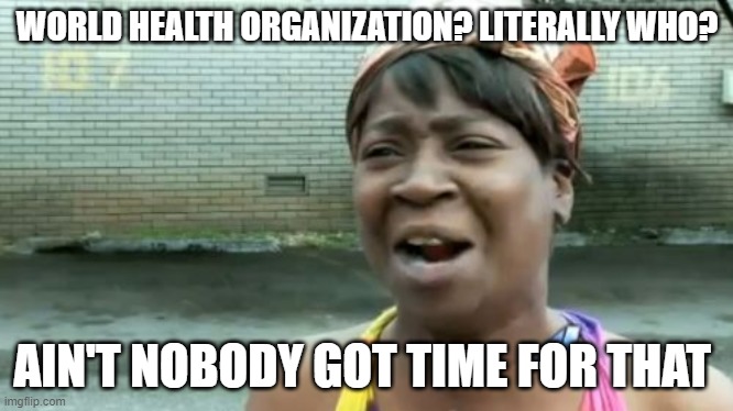 World Health Organization? Literally WHO? Ain't Nobody Got Time For That | WORLD HEALTH ORGANIZATION? LITERALLY WHO? AIN'T NOBODY GOT TIME FOR THAT | image tagged in memes,ain't nobody got time for that | made w/ Imgflip meme maker