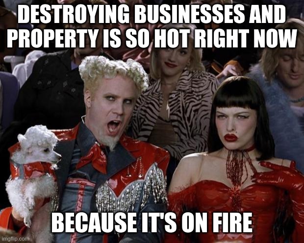 When did destroying property become a fad? | DESTROYING BUSINESSES AND PROPERTY IS SO HOT RIGHT NOW; BECAUSE IT'S ON FIRE | image tagged in democrats,socialists,rioters,arson | made w/ Imgflip meme maker