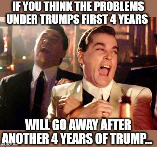 Special kind of stupid | IF YOU THINK THE PROBLEMS UNDER TRUMPS FIRST 4 YEARS; WILL GO AWAY AFTER ANOTHER 4 YEARS OF TRUMP... | image tagged in memes,good fellas hilarious,impeach trump,maga,riots,covid19 | made w/ Imgflip meme maker