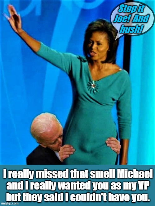 Biden sniffs Michelle Obama | Stop it
Joe!  And
hush! I really missed that smell Michael
and I really wanted you as my VP
but they said I couldn't have you. | image tagged in political meme,joe biden,michelle obama,michael,vice president,sniff | made w/ Imgflip meme maker