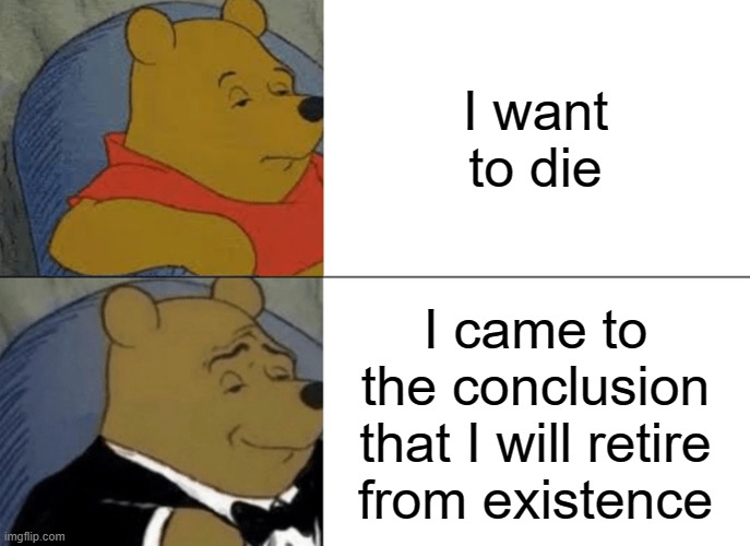 ha ha suicide jokes are funny | I want to die; I came to the conclusion that I will retire from existence | image tagged in memes,tuxedo winnie the pooh | made w/ Imgflip meme maker