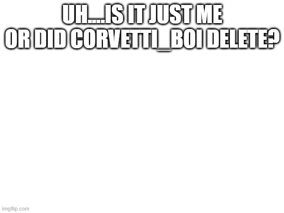 Blank White Template | UH....IS IT JUST ME OR DID CORVETTI_BOI DELETE? | image tagged in blank white template | made w/ Imgflip meme maker
