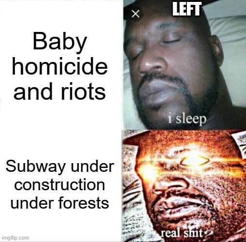 Abortion: leftists sleep | LEFT; Baby homicide and riots; Subway under construction under forests | image tagged in memes,sleeping shaq,leftists,abortion is murder,subway,environmental | made w/ Imgflip meme maker