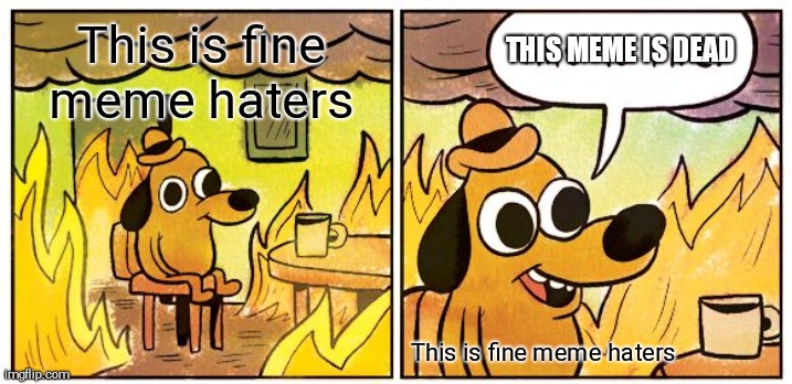 This Is Fine | THIS MEME IS DEAD; This is fine meme haters; This is fine meme haters | image tagged in memes,this is fine | made w/ Imgflip meme maker