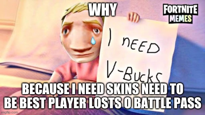 I NEED V-BUCKS | WHY; BECAUSE I NEED SKINS NEED TO BE BEST PLAYER LOSTS O BATTLE PASS | image tagged in i need v-bucks | made w/ Imgflip meme maker